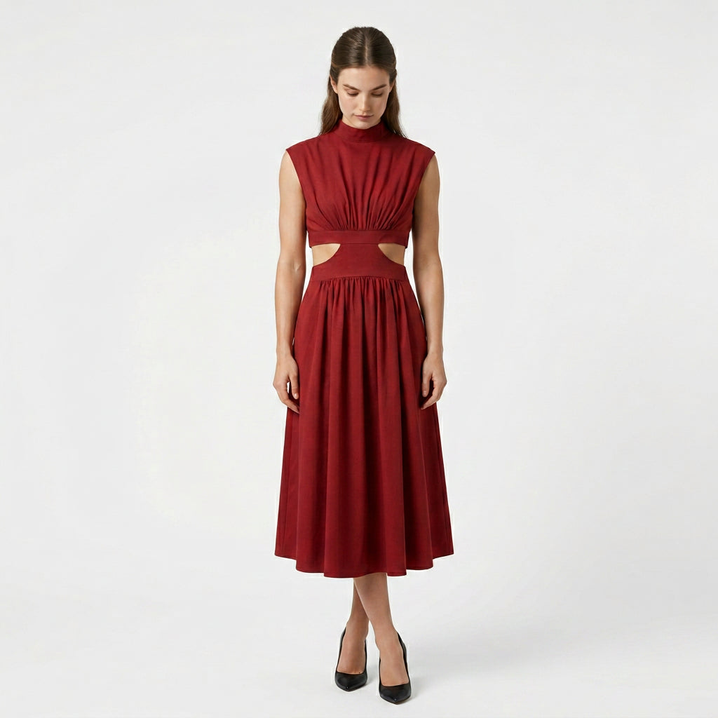 Robe Longue Élégante Manches Courtes Découpe Taille Dos Ouvert pour Femme