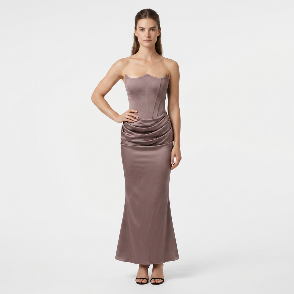 Robe Longue Fourreau en Velours Bustier Corseté sans Bretelles pour Femme