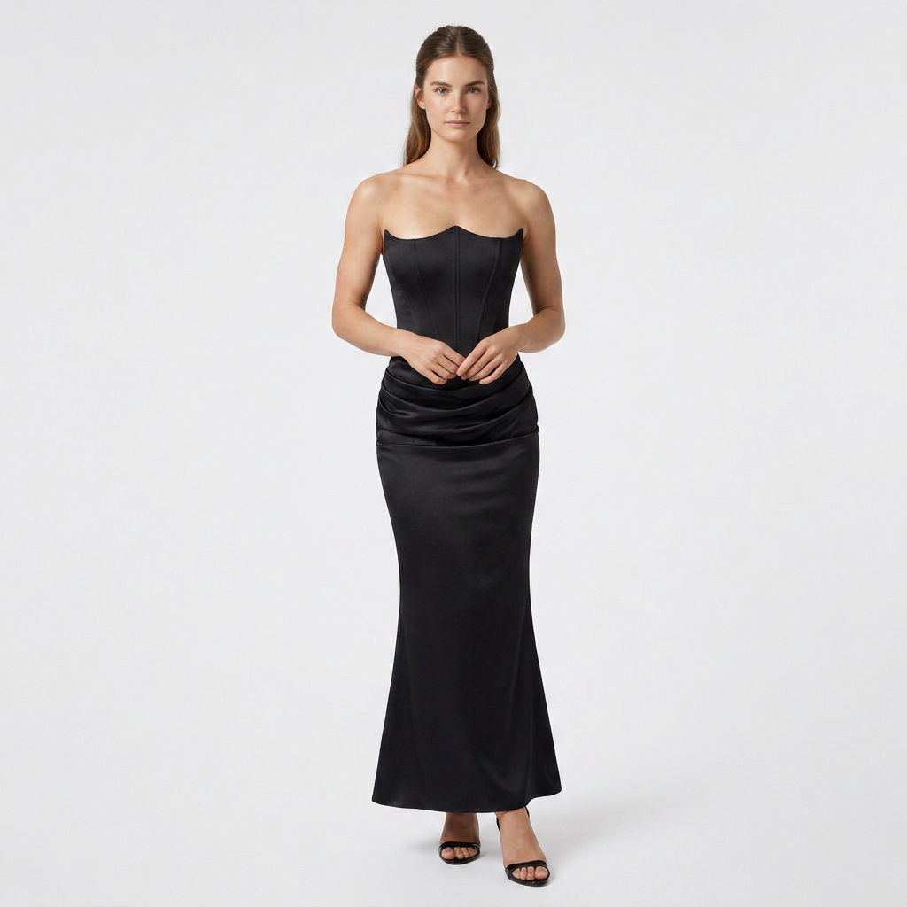 Robe Longue Fourreau en Velours Bustier Corseté sans Bretelles pour Femme