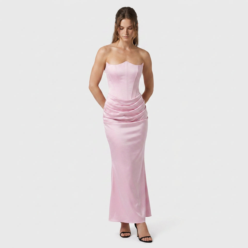 Robe Longue Fourreau en Velours Bustier Corseté sans Bretelles pour Femme