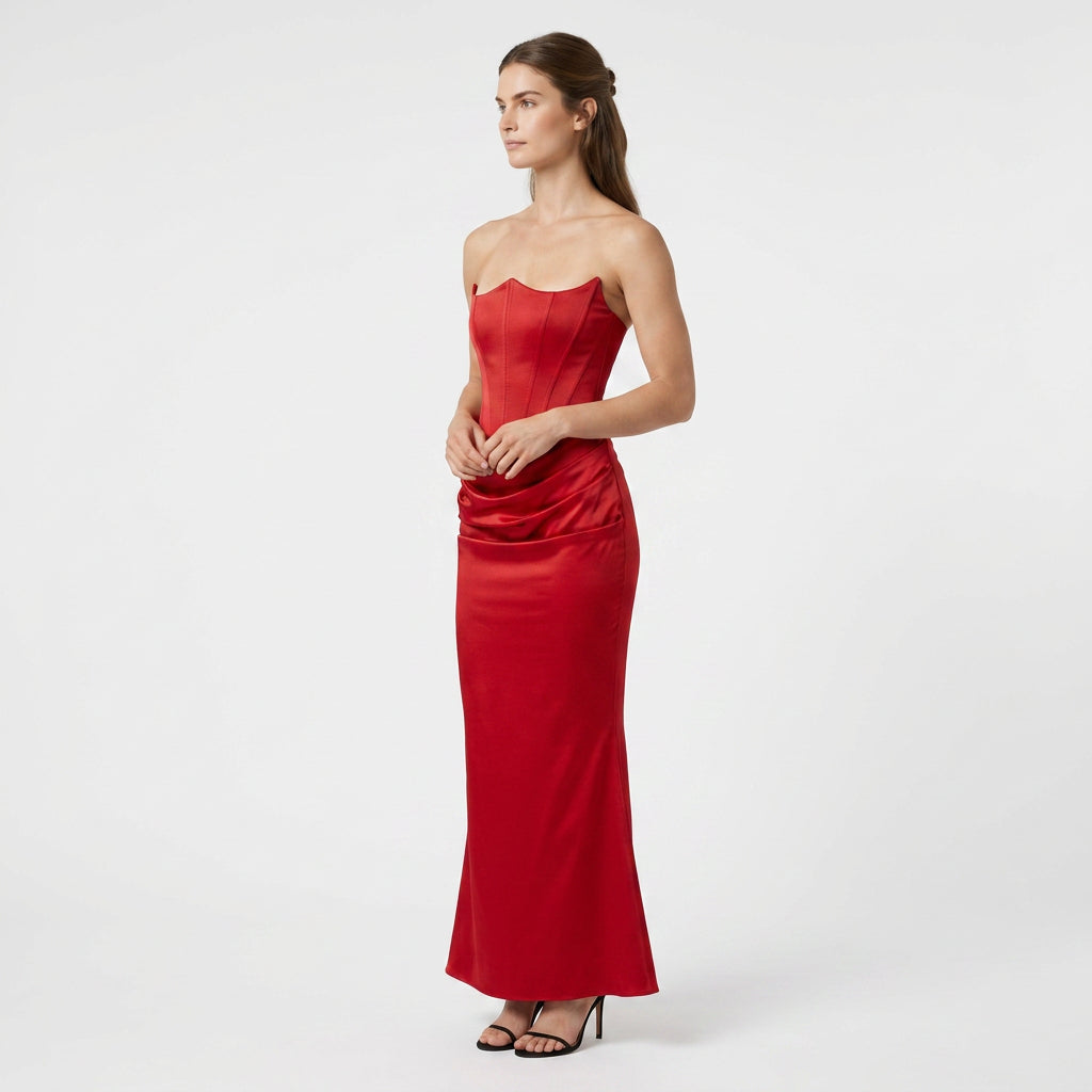 Robe Longue Fourreau en Velours Bustier Corseté sans Bretelles pour Femme