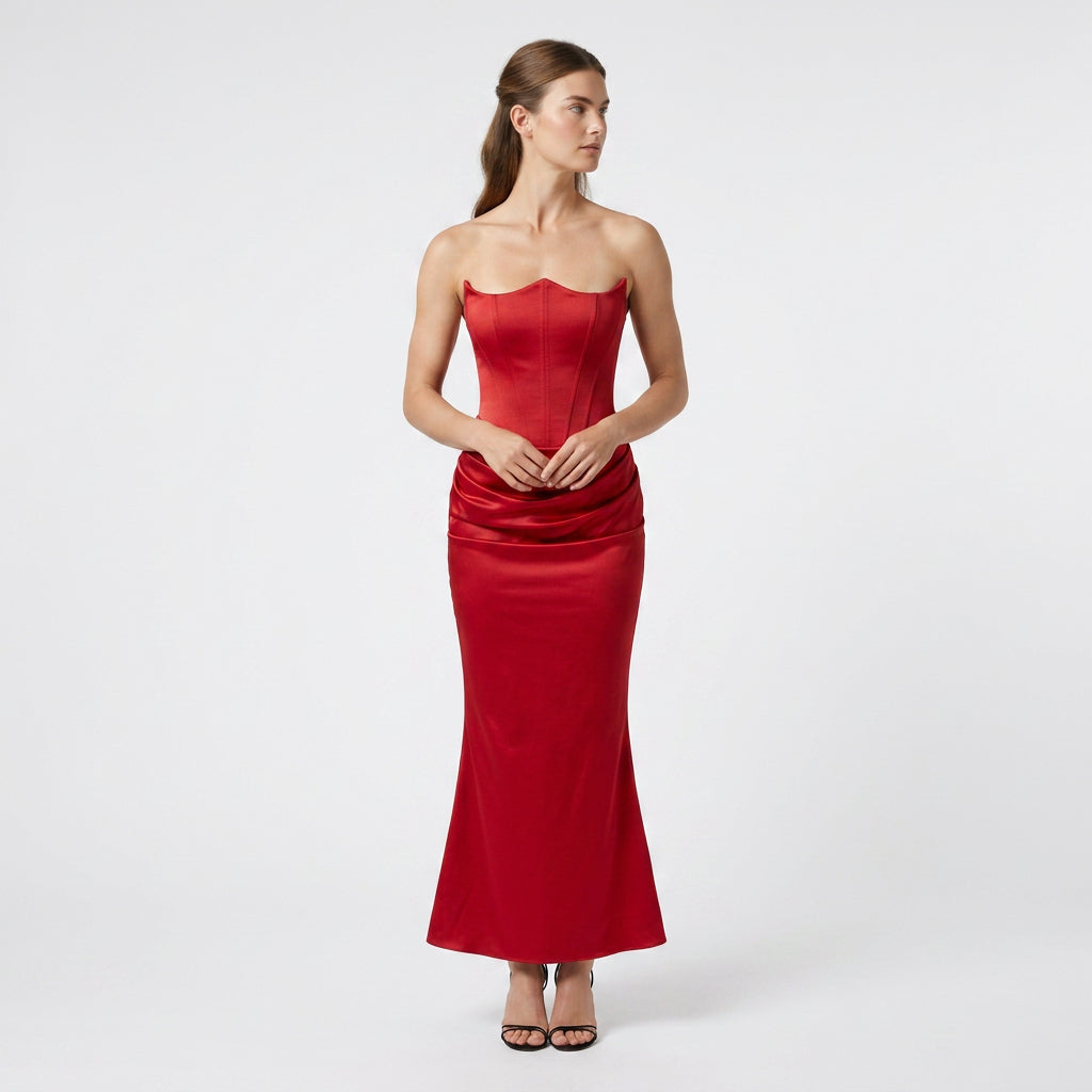 Robe Longue Fourreau en Velours Bustier Corseté sans Bretelles pour Femme