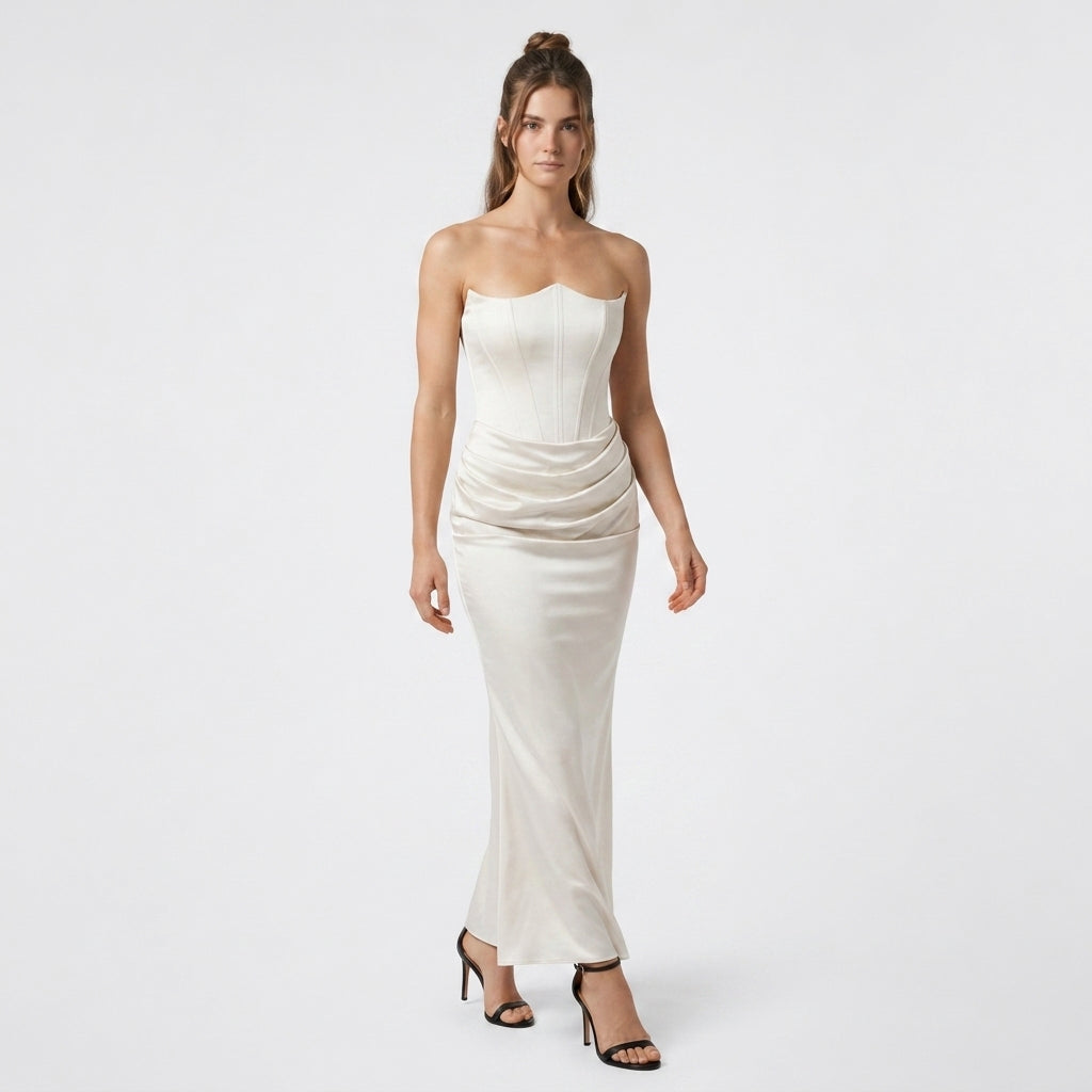 Robe Longue Fourreau en Velours Bustier Corseté sans Bretelles pour Femme