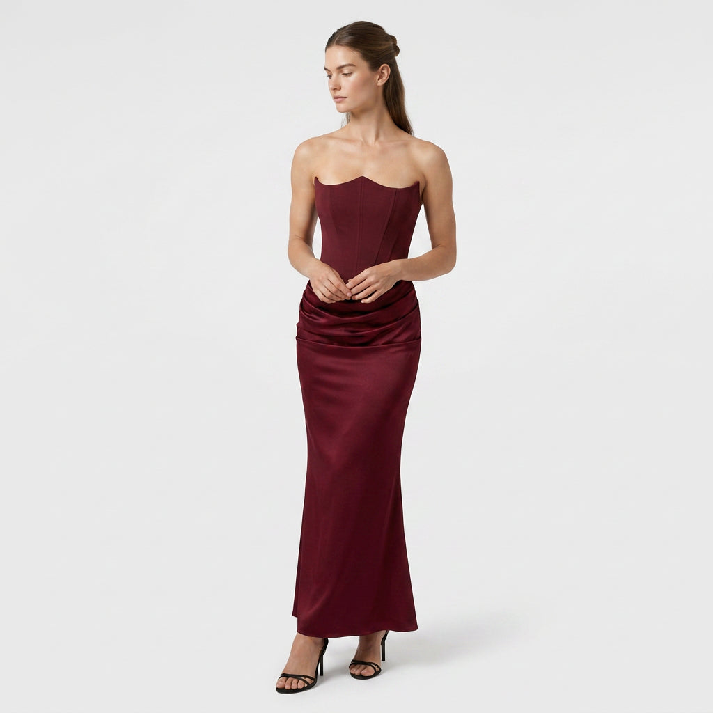 Robe Longue Fourreau en Velours Bustier Corseté sans Bretelles pour Femme