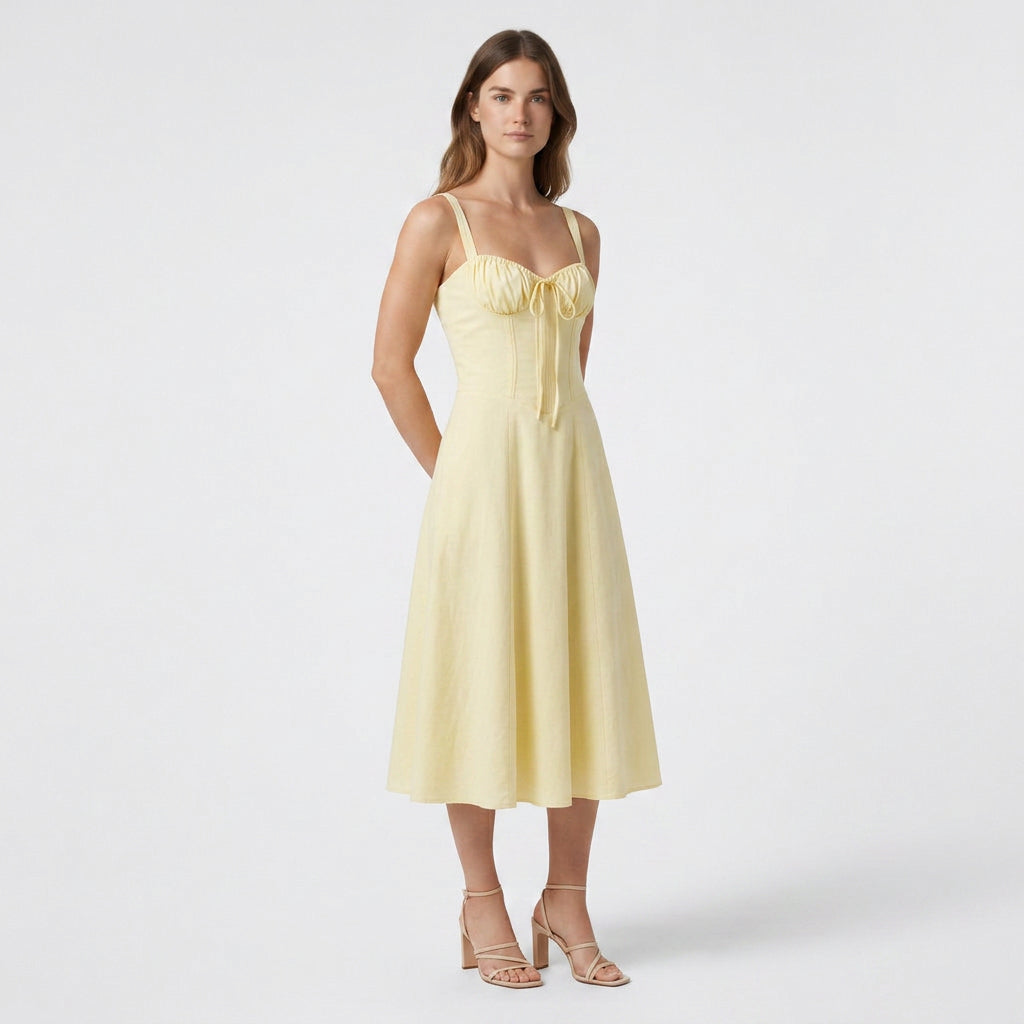Robe Midi Corset Floral en Coton Coupe Évasée Imprimé Pastel pour Femme