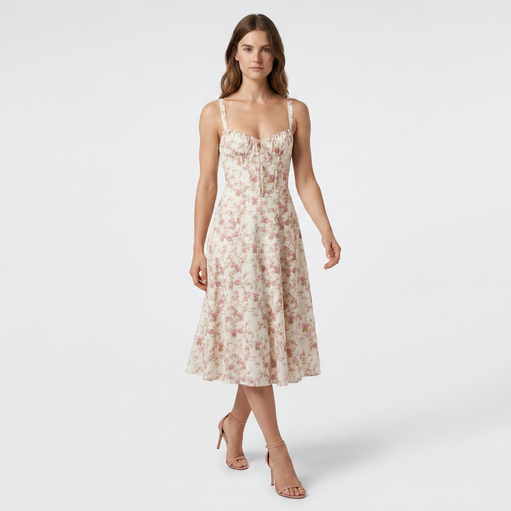Robe Midi Corset Floral en Coton Coupe Évasée Imprimé Pastel pour Femme