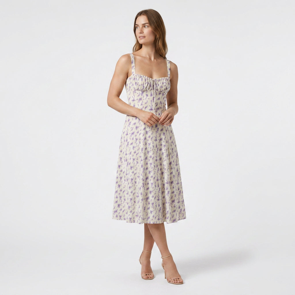 Robe Midi Corset Floral en Coton Coupe Évasée Imprimé Pastel pour Femme