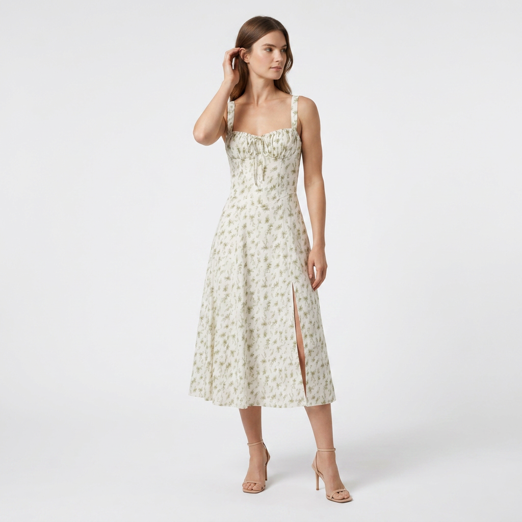 Robe Midi Corset Floral en Coton Coupe Évasée Imprimé Pastel pour Femme
