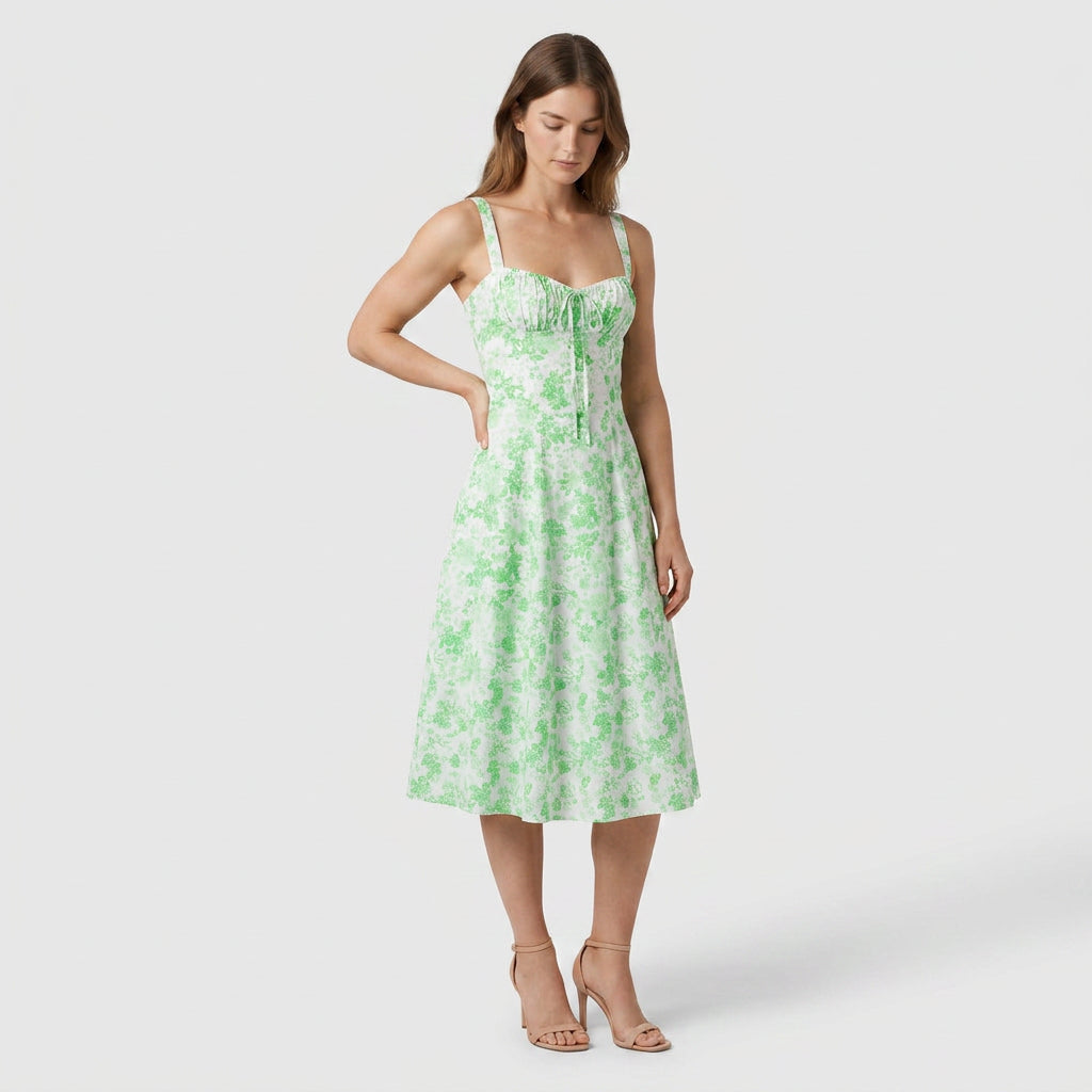 Robe Midi Corset Floral en Coton Coupe Évasée Imprimé Pastel pour Femme