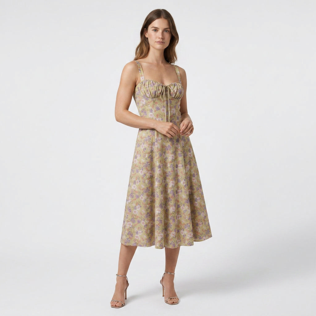 Robe Midi Corset Floral en Coton Coupe Évasée Imprimé Pastel pour Femme