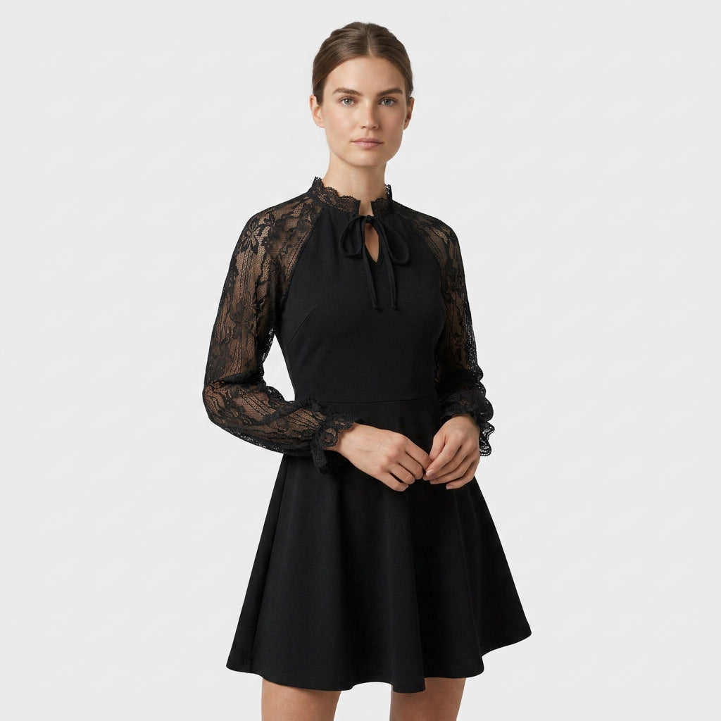 Robe Mini Élégante Manches Dentelle Col Rond pour Femme
