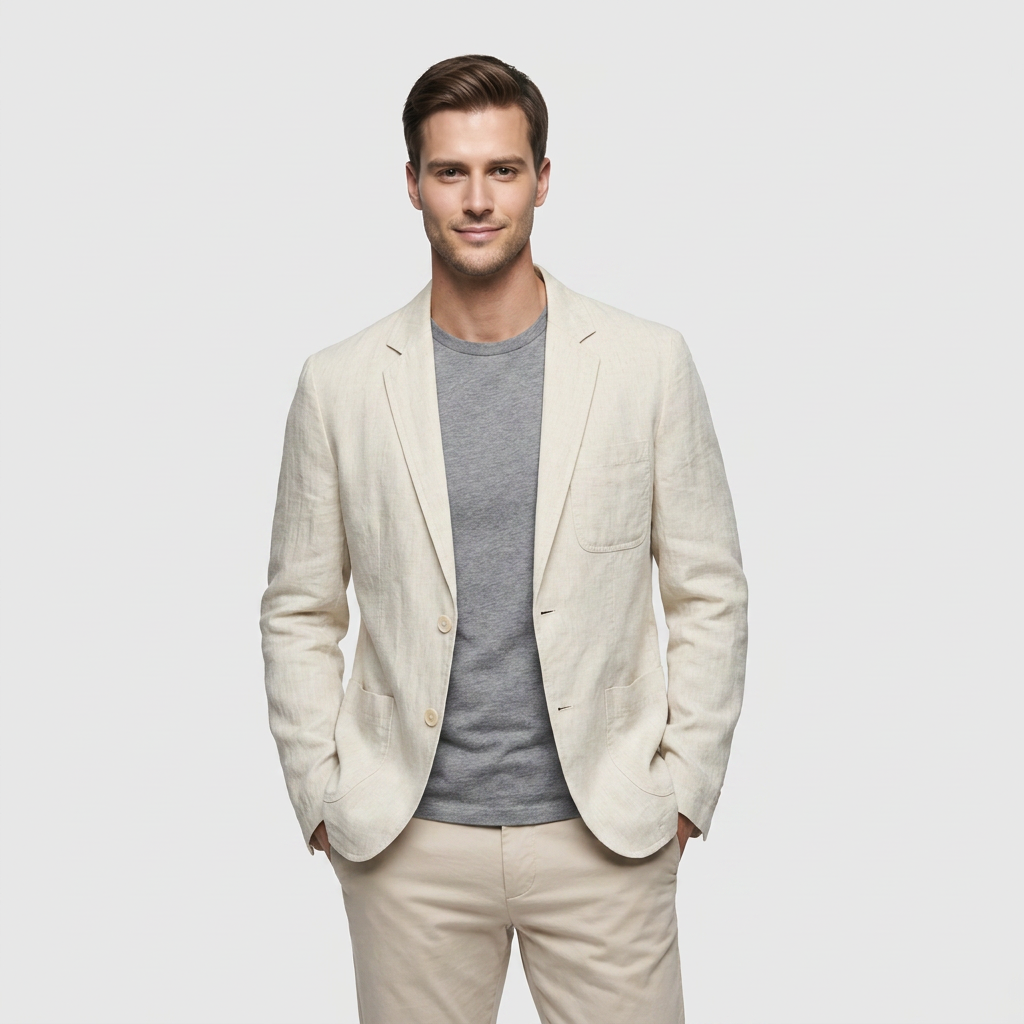 Men's Notched Lapel Structured Fit Linen Blend Blazer