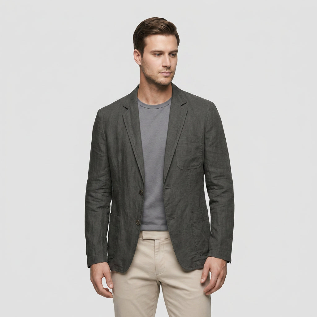 Men's Notched Lapel Structured Fit Linen Blend Blazer