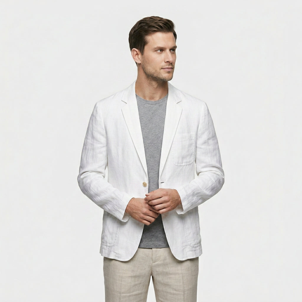 Men's Notched Lapel Structured Fit Linen Blend Blazer