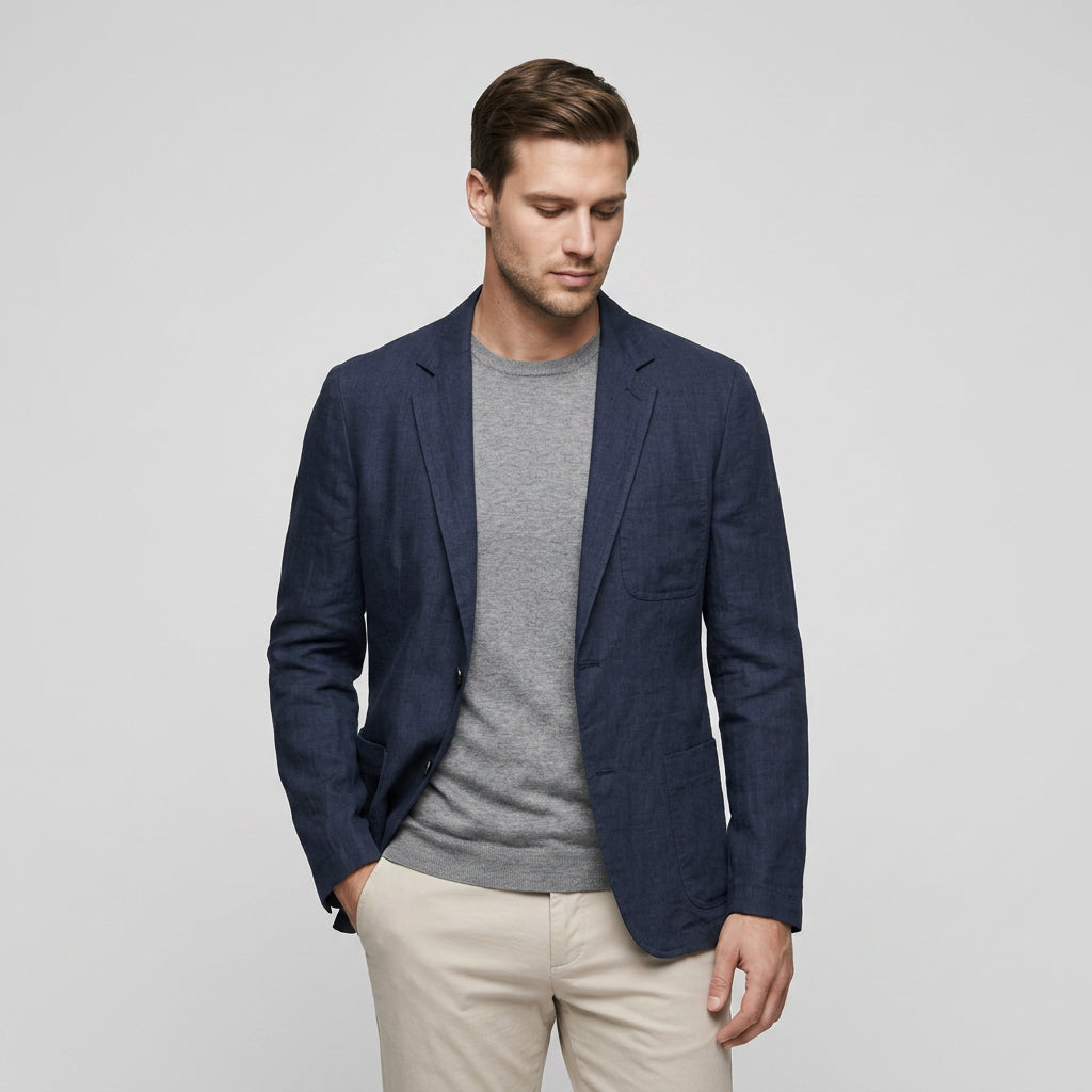 Men's Notched Lapel Structured Fit Linen Blend Blazer