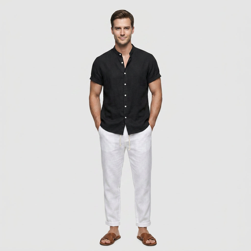 Chemise Lin Mélangé Col Mao Manches Courtes pour Homme