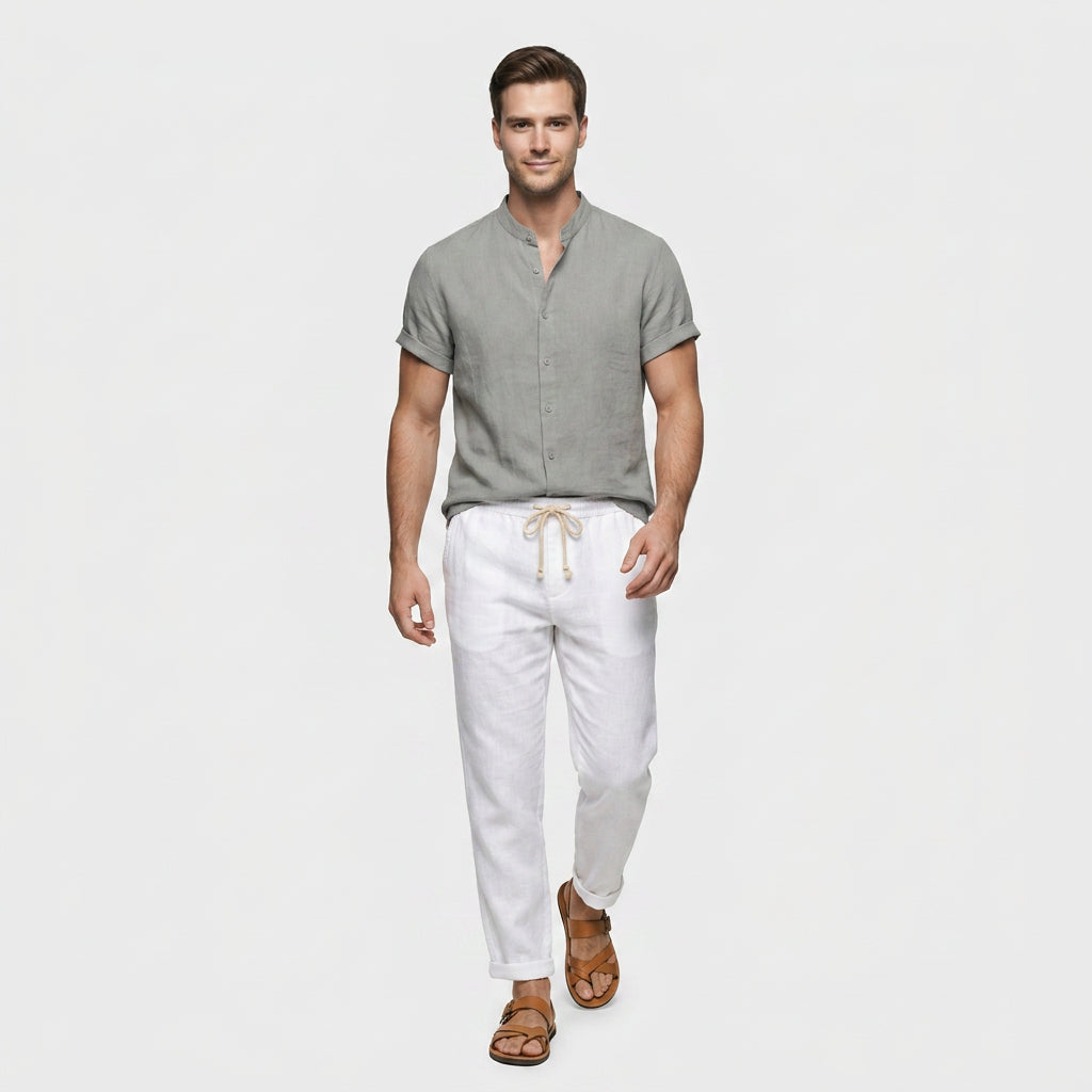 Chemise Lin Mélangé Col Mao Manches Courtes pour Homme