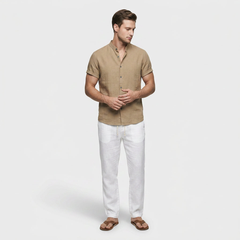 Chemise Lin Mélangé Col Mao Manches Courtes pour Homme