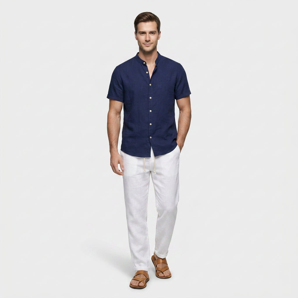Chemise Lin Mélangé Col Mao Manches Courtes pour Homme