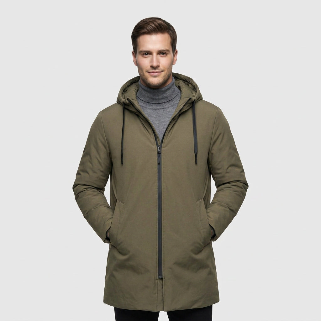 Manteau Matelassé Mi-Long à Capuche Zip Moderne pour Homme