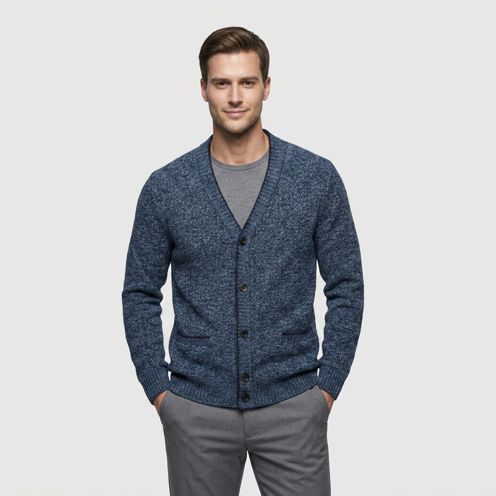 Men's Plaid-Lined Button-Up V-Neck Cardigan