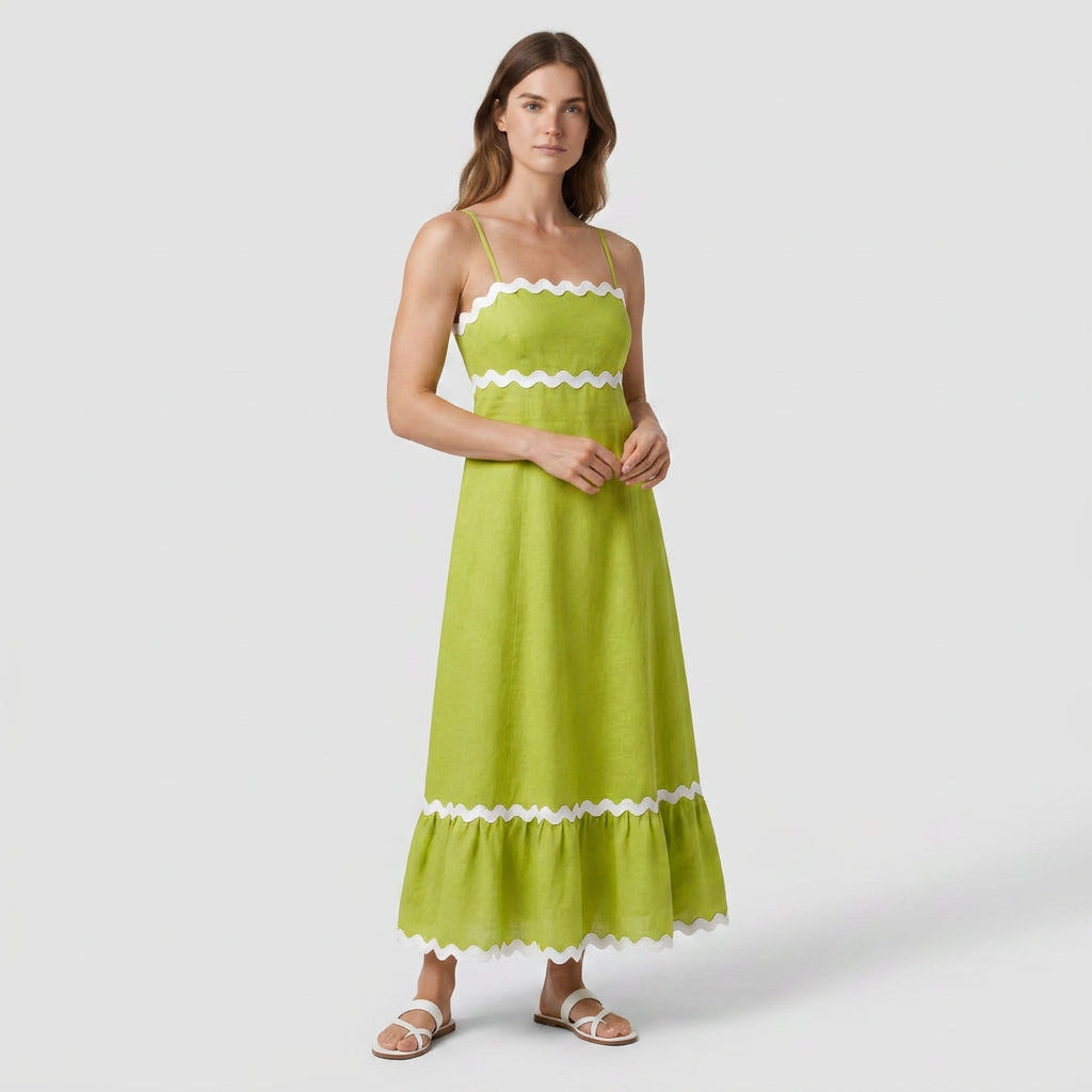 Robe Maxi Asymétrique Coton Lin Finition Ric-Rac pour Femme