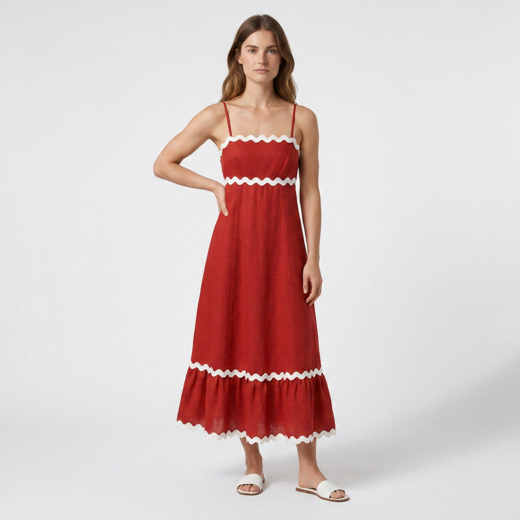 Robe Maxi Asymétrique Coton Lin Finition Ric-Rac pour Femme