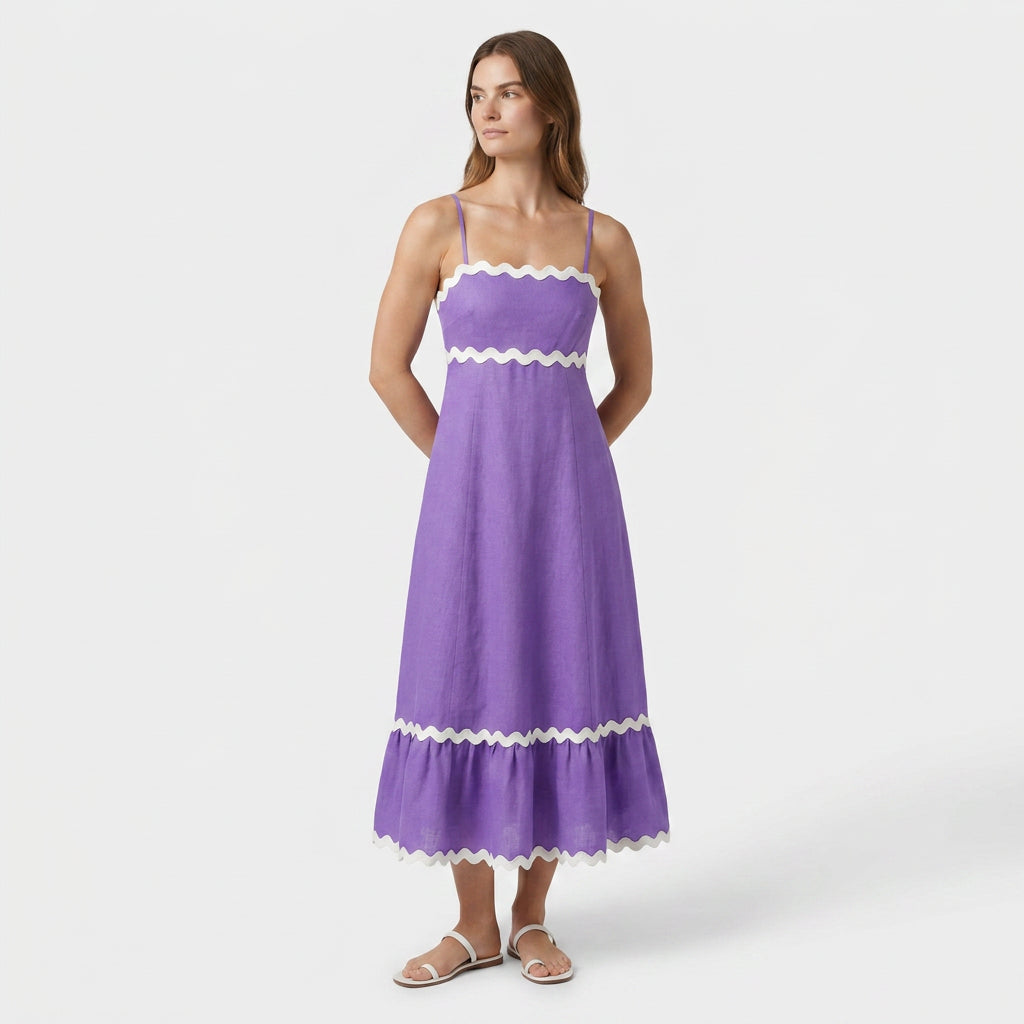 Robe Maxi Asymétrique Coton Lin Finition Ric-Rac pour Femme