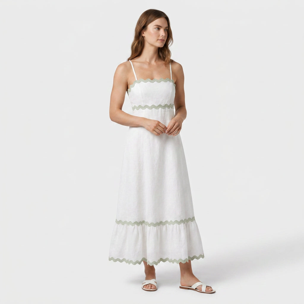 Robe Maxi Asymétrique Coton Lin Finition Ric-Rac pour Femme