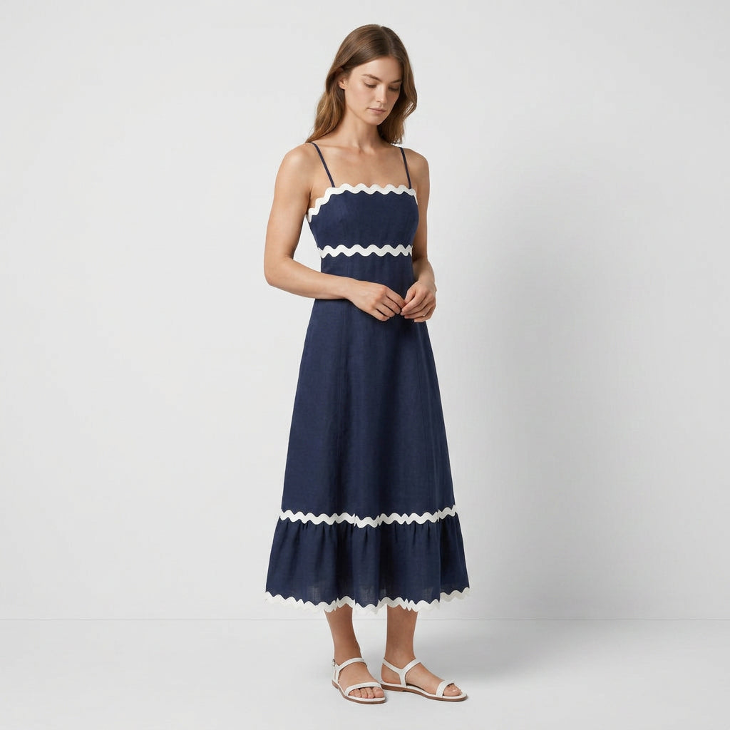 Robe Maxi Asymétrique Coton Lin Finition Ric-Rac pour Femme