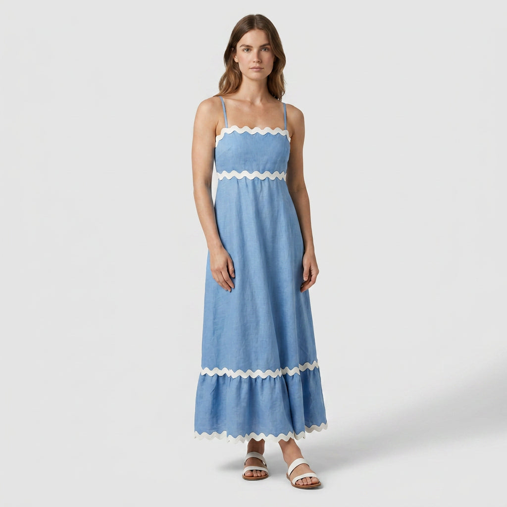 Robe Maxi Asymétrique Coton Lin Finition Ric-Rac pour Femme