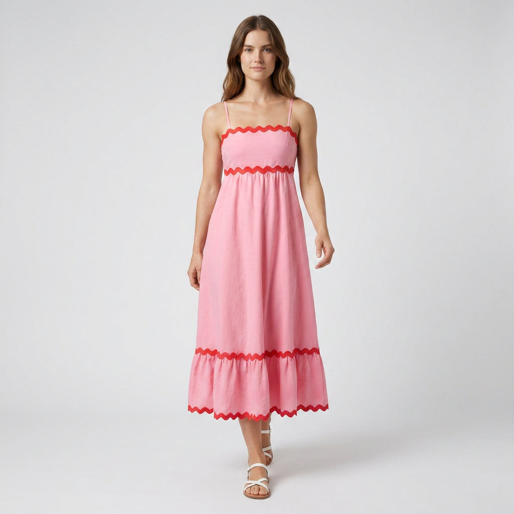 Robe Maxi Asymétrique Coton Lin Finition Ric-Rac pour Femme