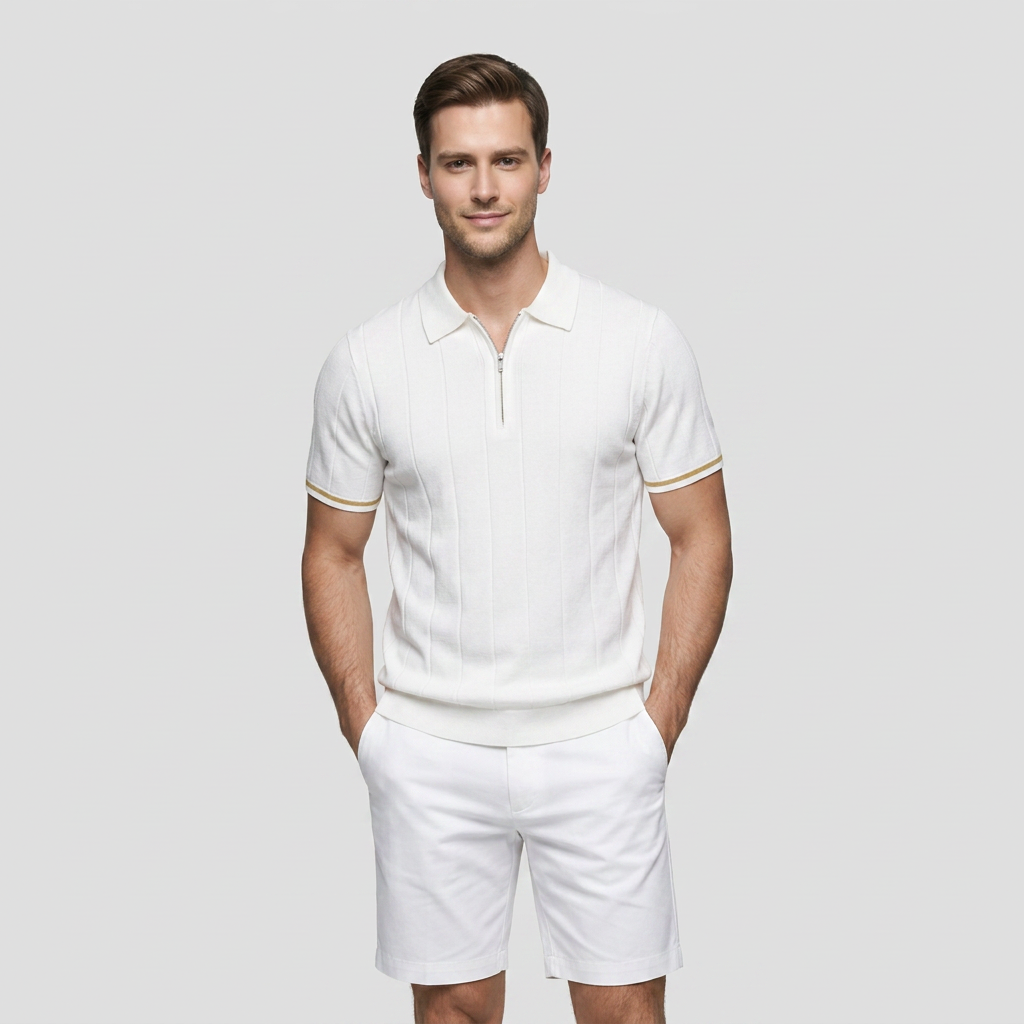 Polo Maille Fine Rayures Verticales Col Zippé pour Homme