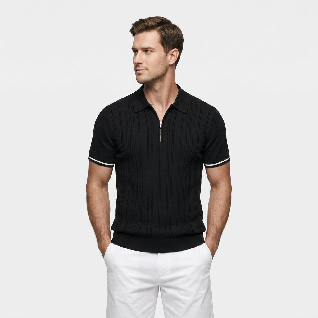 Polo Maille Fine Rayures Verticales Col Zippé pour Homme