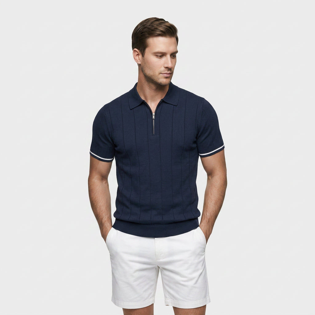 Polo Maille Fine Rayures Verticales Col Zippé pour Homme