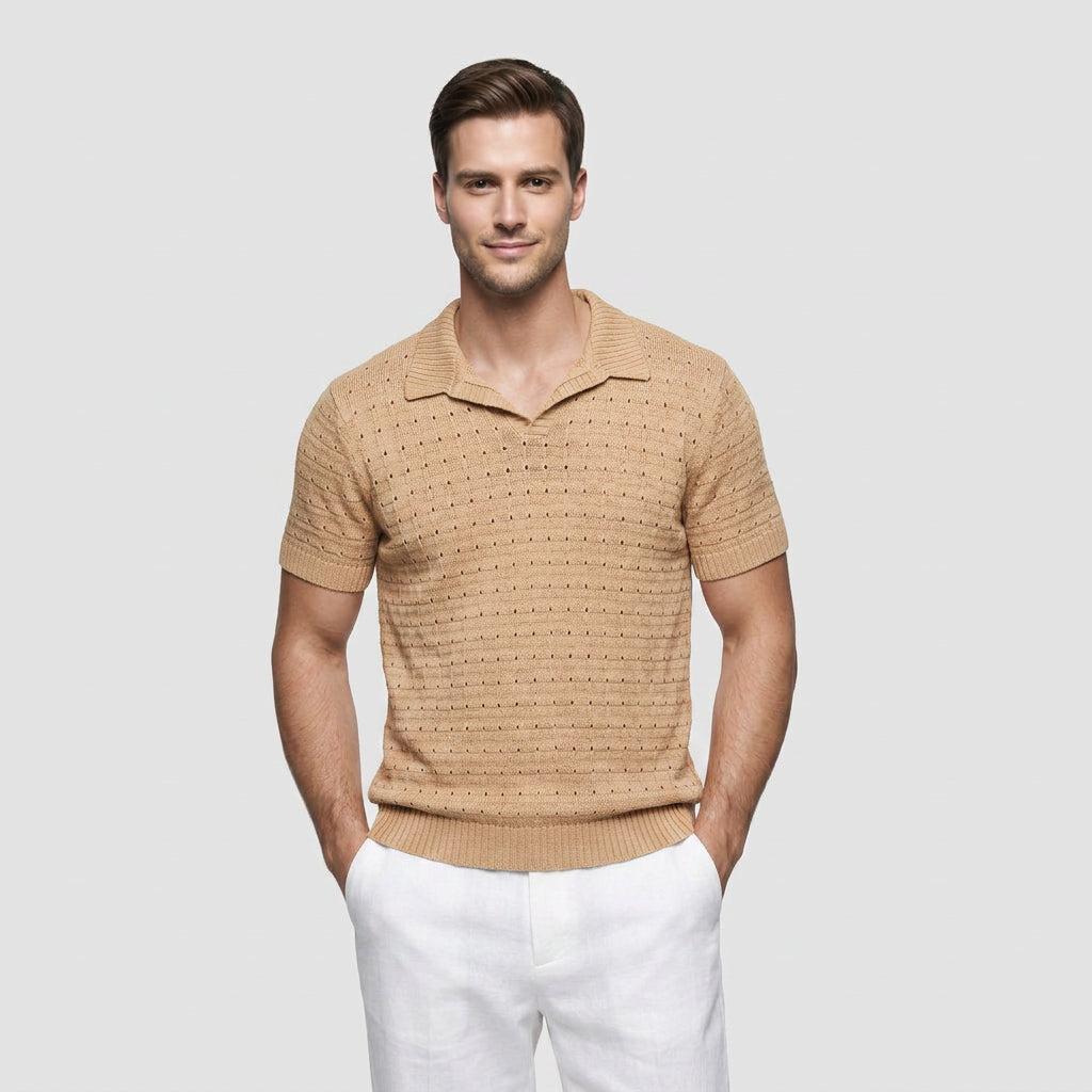 Polo Maille Gaufrée Col V Ouvert Manches Courtes pour Homme