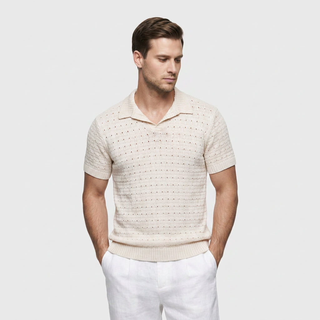 Polo Maille Gaufrée Col V Ouvert Manches Courtes pour Homme