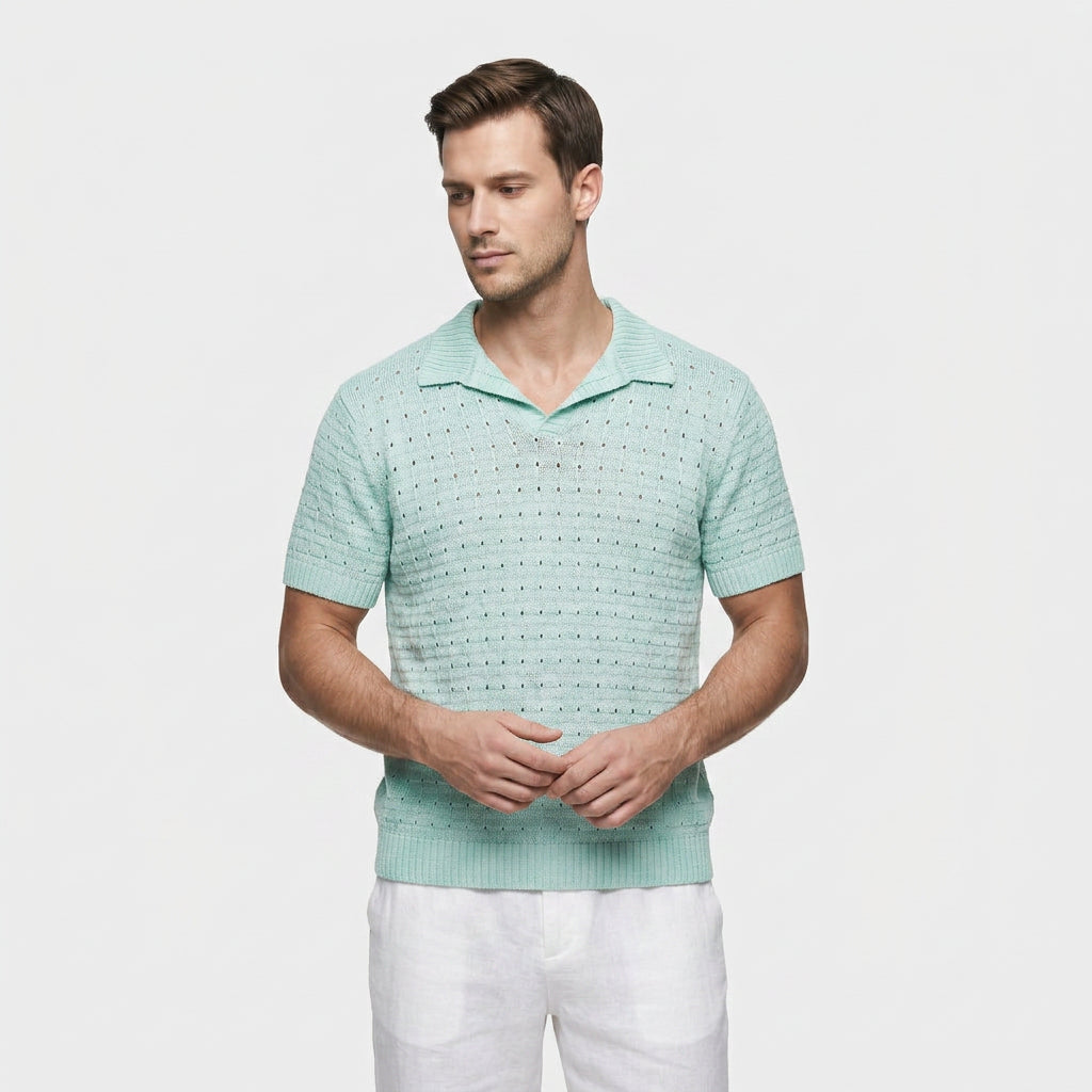 Polo Maille Gaufrée Col V Ouvert Manches Courtes pour Homme