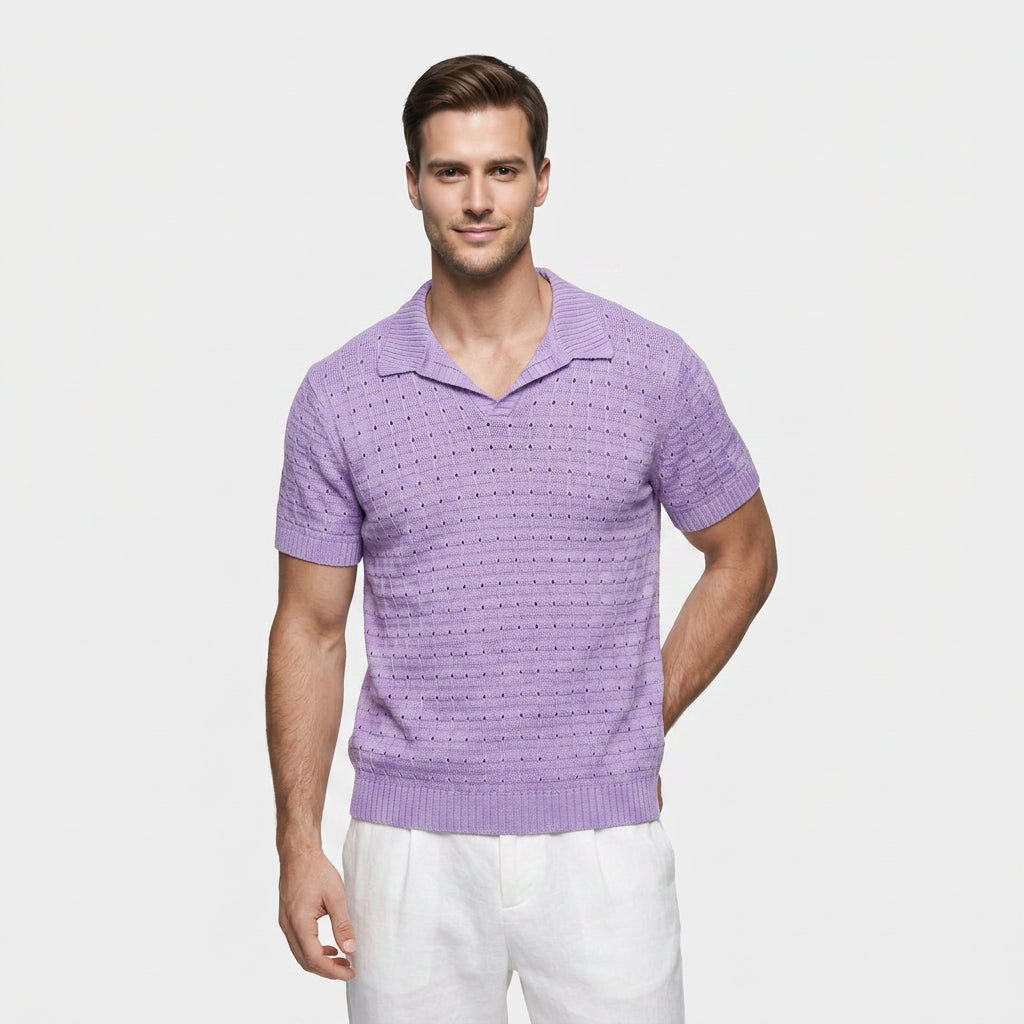 Polo Maille Gaufrée Col V Ouvert Manches Courtes pour Homme