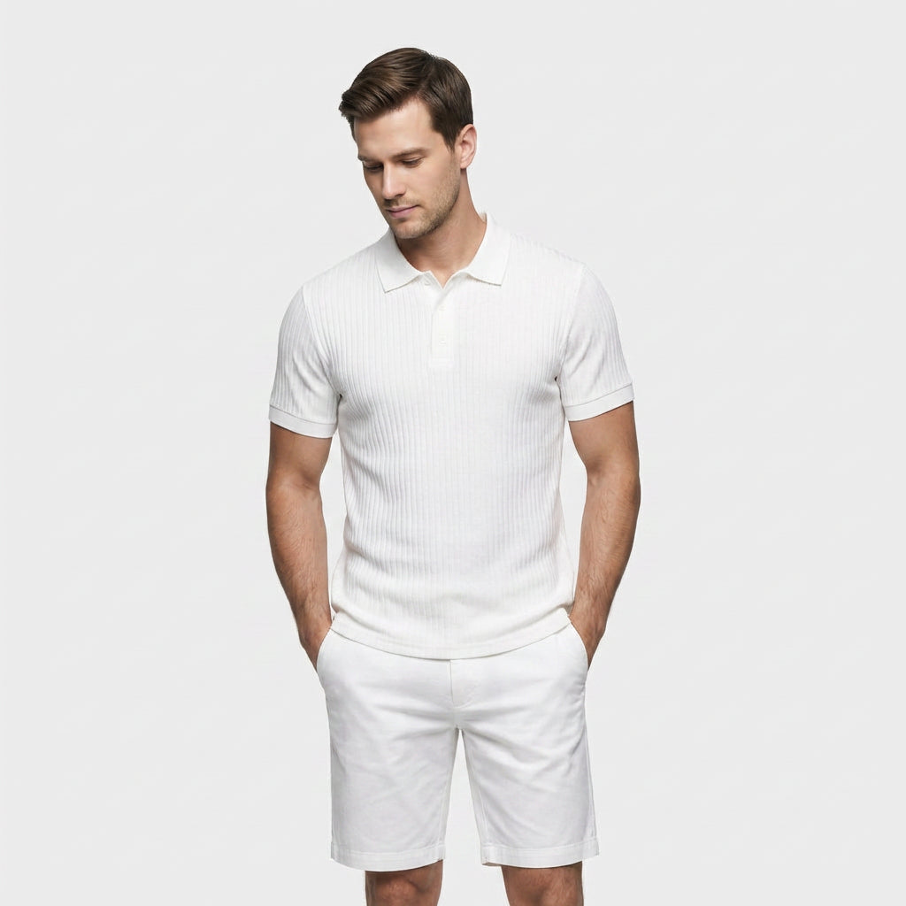 Polo Maille Côtelée Manches Courtes Coupe Ajustée pour Homme
