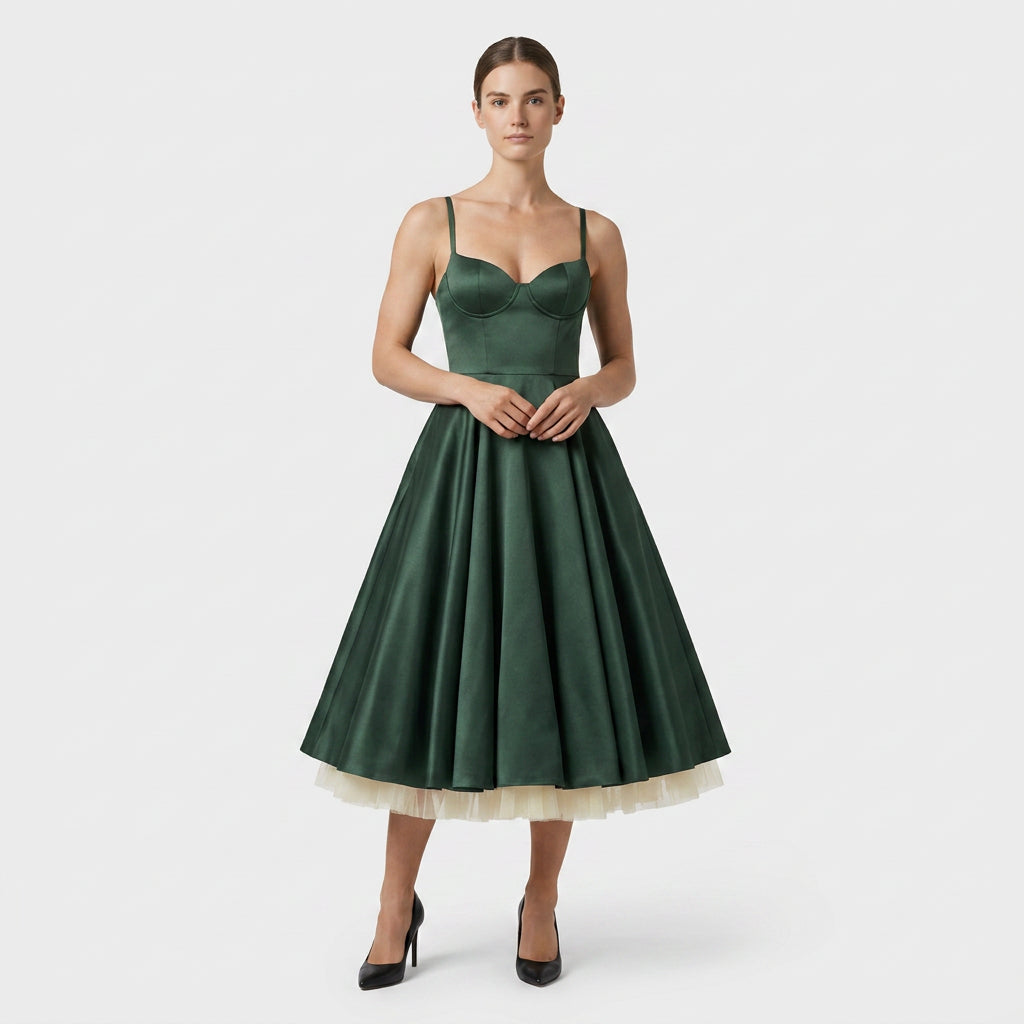 Robe Midi Corset Brodée Col V Coupe Évasée pour Femme