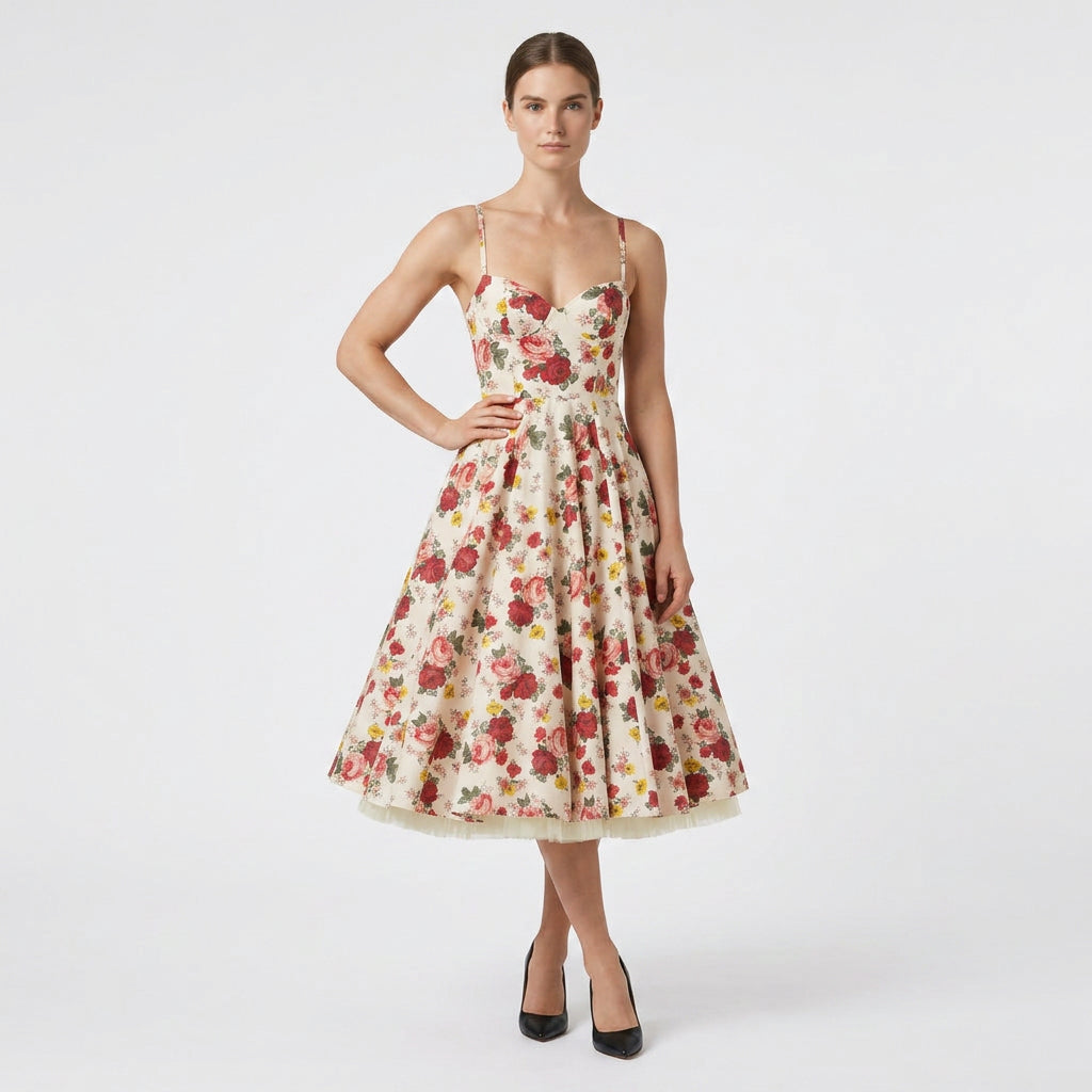 Robe Midi Corset Brodée Col V Coupe Évasée pour Femme