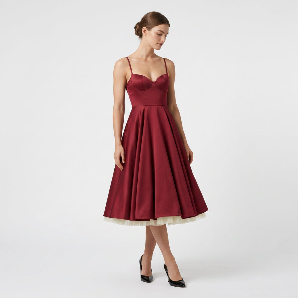 Robe Midi Corset Brodée Col V Coupe Évasée pour Femme