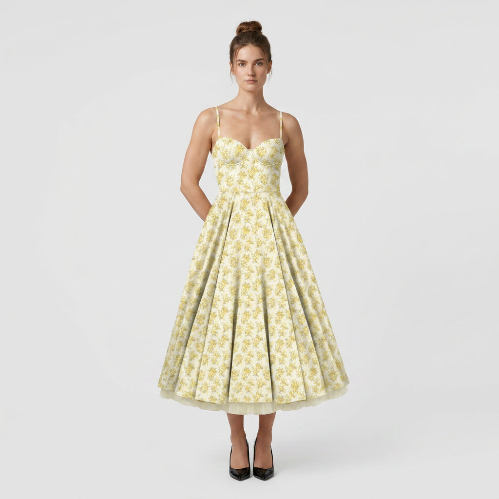Robe Midi Corset Brodée Col V Coupe Évasée pour Femme