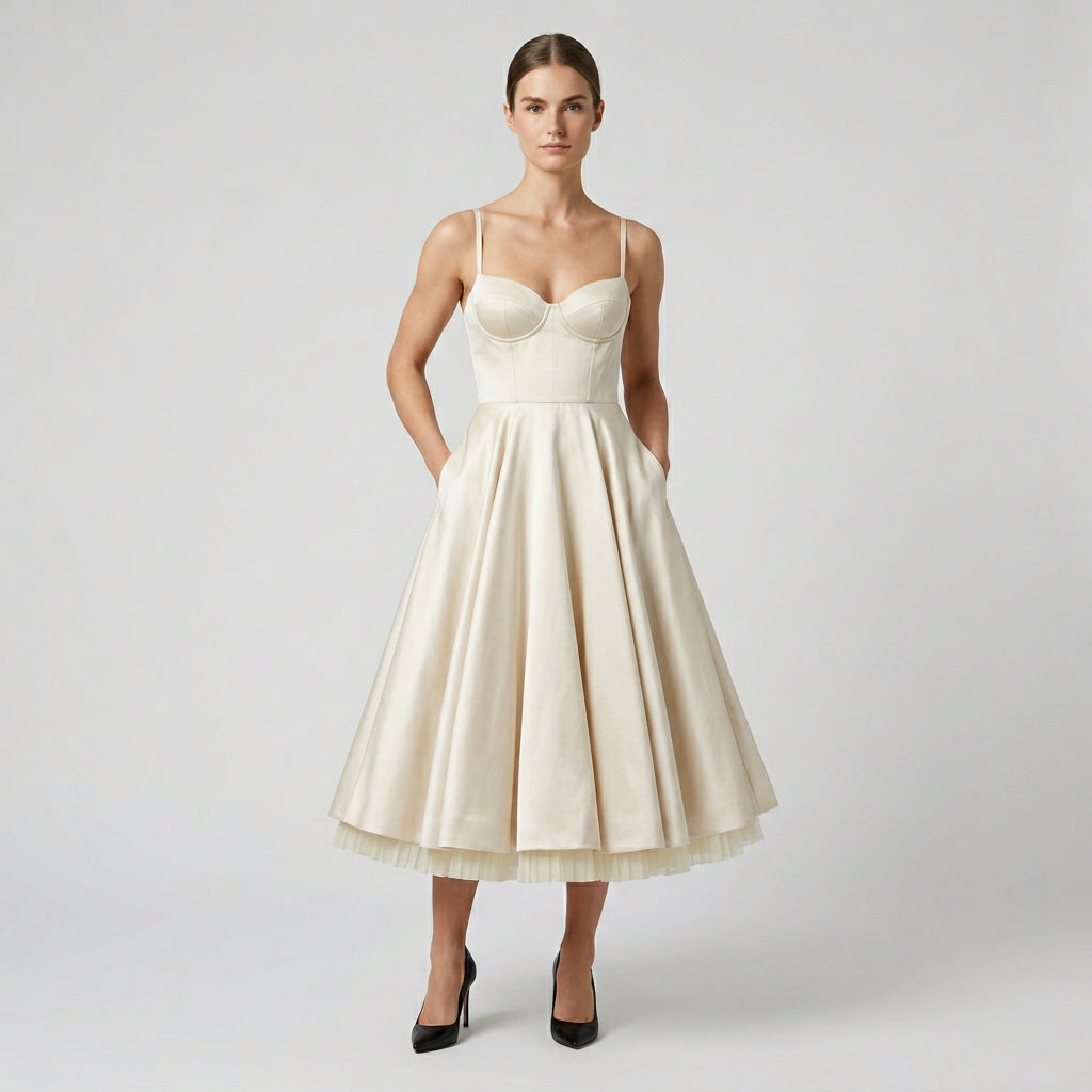 Robe Midi Corset Brodée Col V Coupe Évasée pour Femme