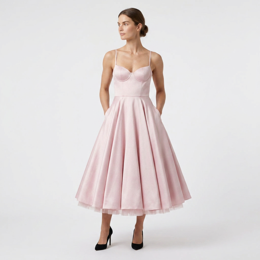 Robe Midi Corset Brodée Col V Coupe Évasée pour Femme