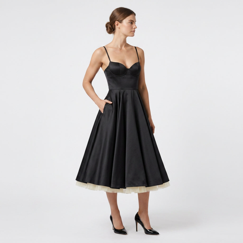 Robe Midi Corset Brodée Col V Coupe Évasée pour Femme