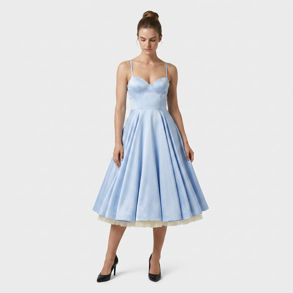Robe Midi Corset Brodée Col V Coupe Évasée pour Femme