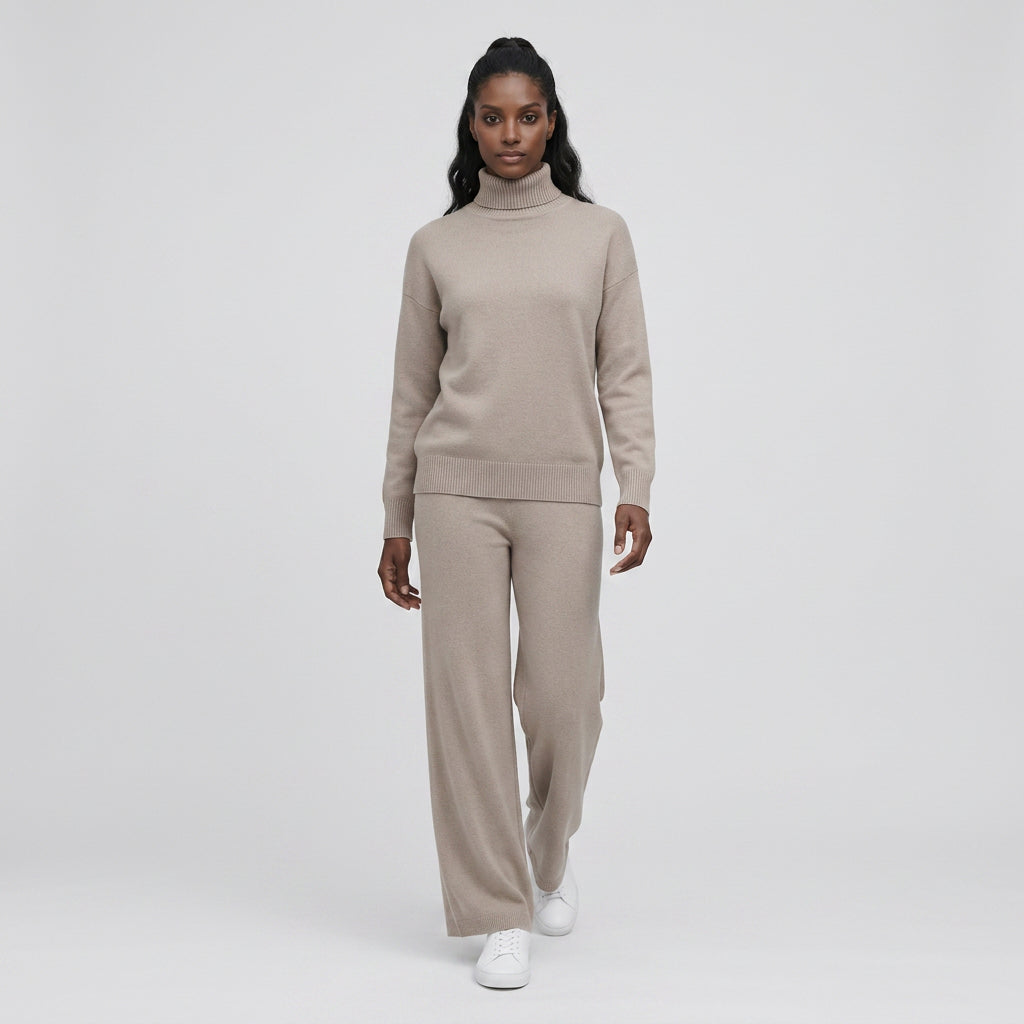 Ensemble Maille Pull Col Roulé et Pantalon Large pour Femme