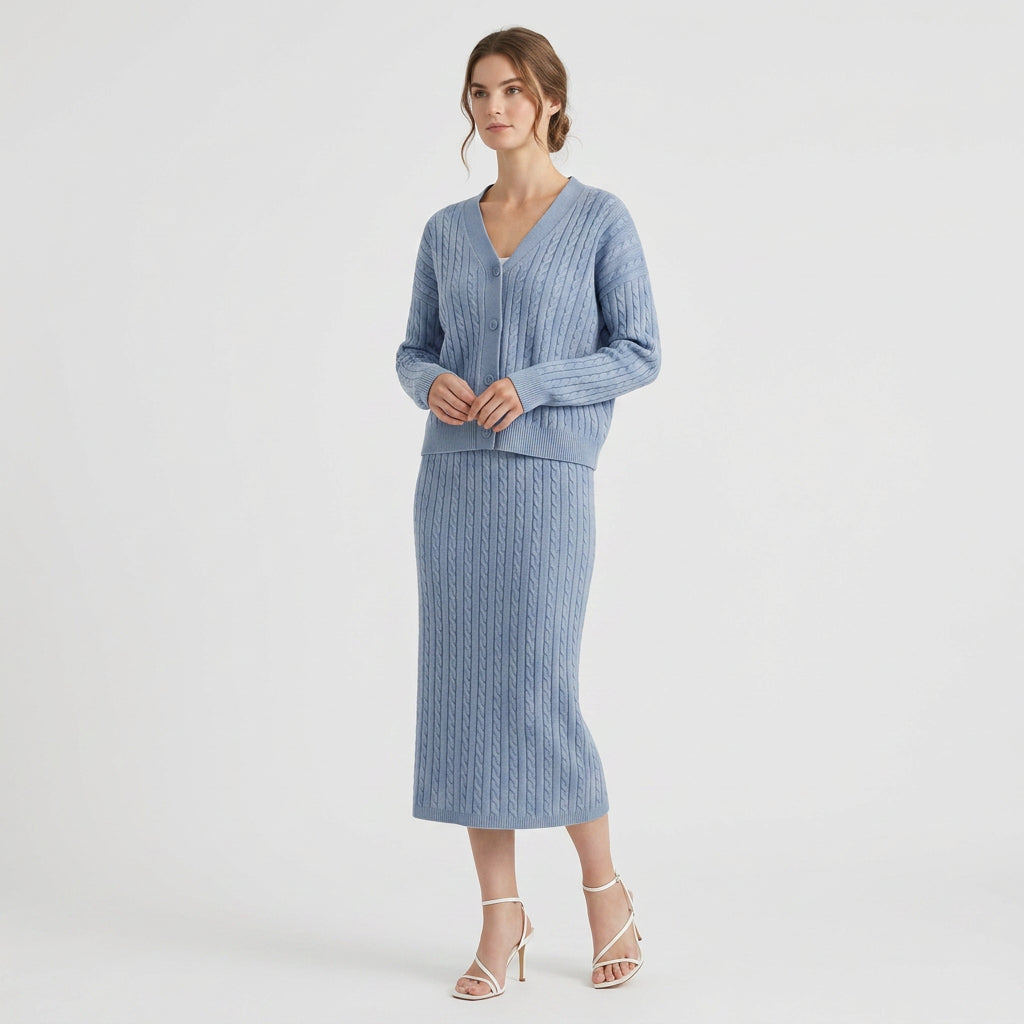 Ensemble Jupe Crayon et Pull Côtelé Col V pour Femme